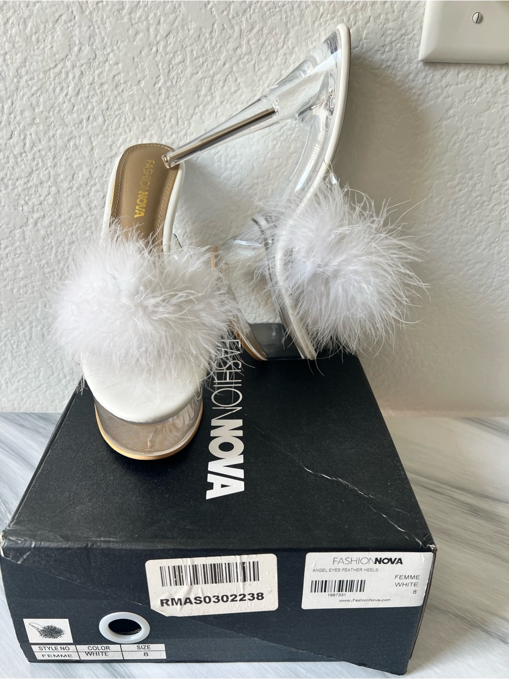 Fashion Nova White Feather Pom Clear Strap Slide Heels